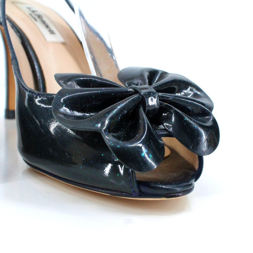 L.K. Bennett Black Patent Leather Peep Toe Slingback Bow Heel SZ 36 - Picture 10 of 16